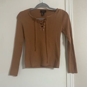 Forever 21 Lace Up Long Sleeve Tan Sweater Size Small